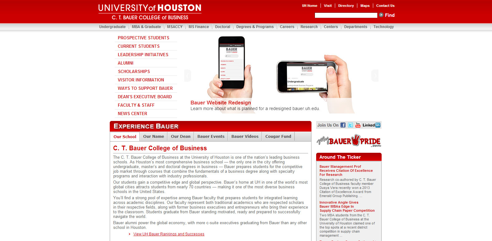 The original bauer.uh.edu website homepage that was first launched in 2008. 